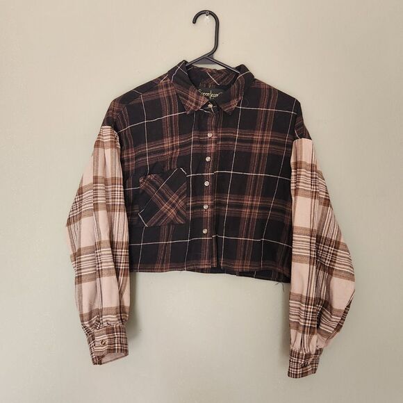 Spoon Jeans Tops - Spoon Jeans Crop Brown and Cream Check Flannel Button Down, Medium